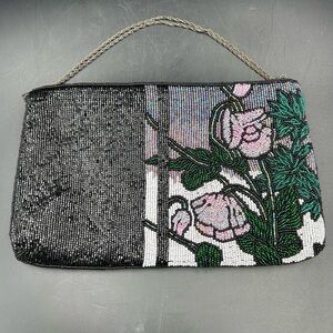 Chic Black and Floral Beaded Clutch